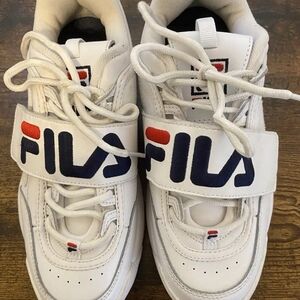 FILA Disruptors II White Platform Sneakers with Red Blue Velcro Logo Strap 8.5